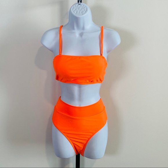 Neon Orange 2 Pc Bathing Suit Bikini High Waisted Padded  Size S   NWOT - Picture 5 of 12